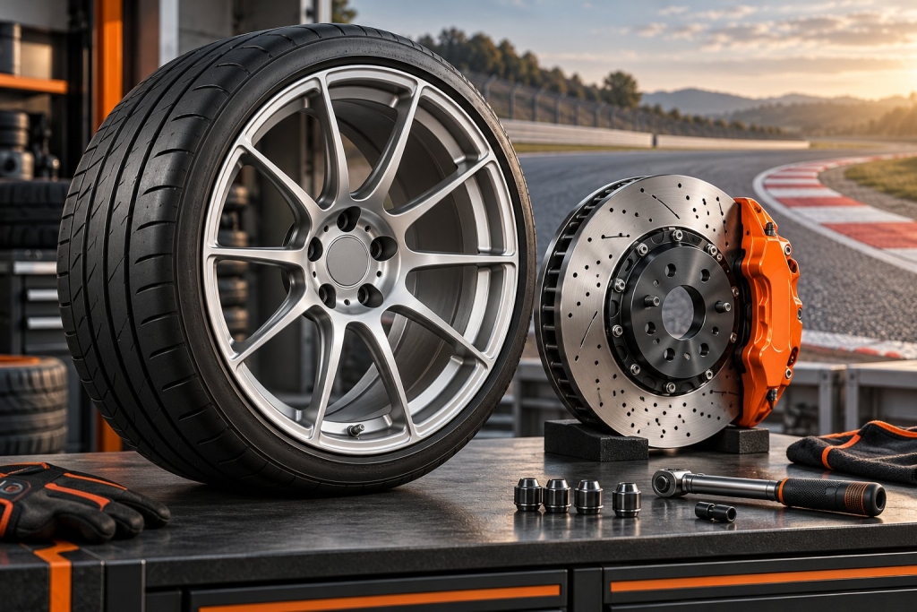 Illustration of a multi-spoke alloy wheel beside a brake disc and caliper