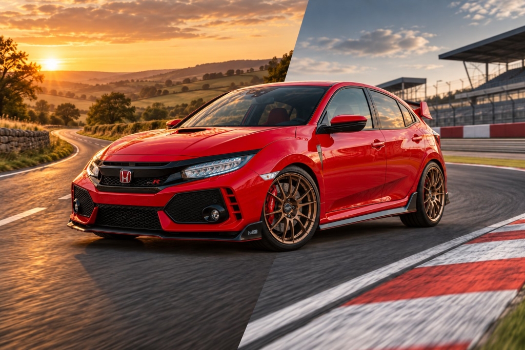 AI-edited illustration of a red Honda Civic Type R with bronze wheels between a countryside road and racing circuit