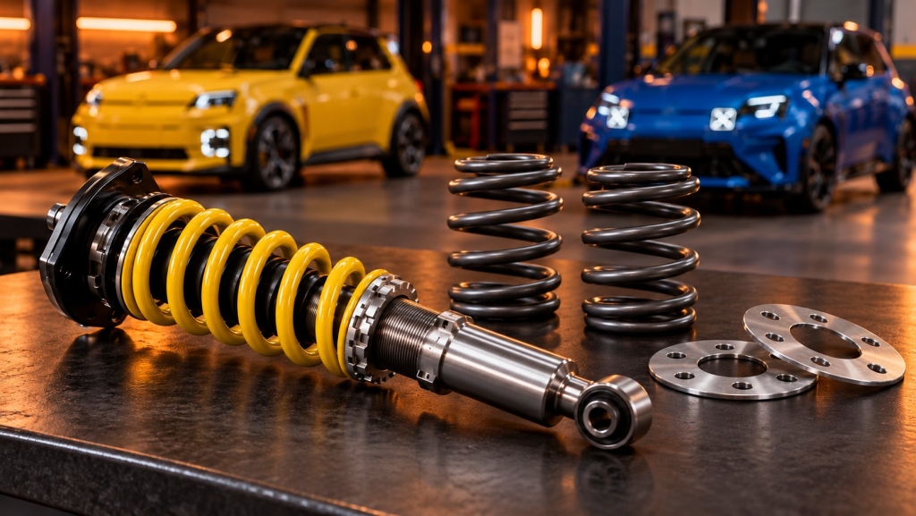 Illustration of a yellow-spring coilover, lowering springs and thin flat slip-on wheel spacers