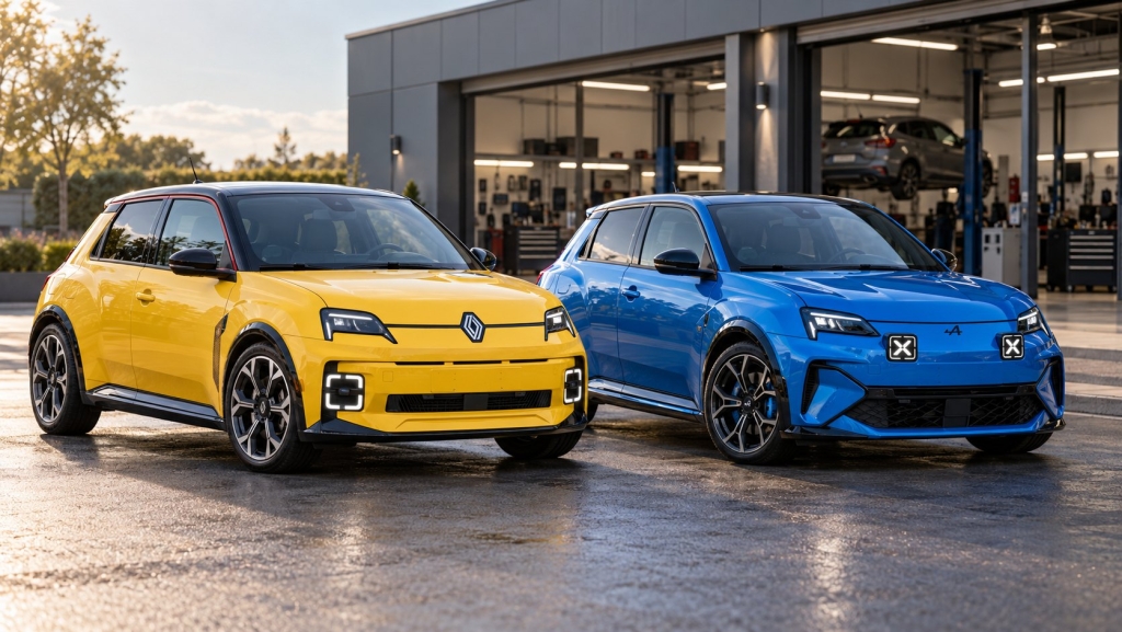 Concept illustration of a yellow Renault 5 E-Tech and blue Alpine A290 outside a workshop