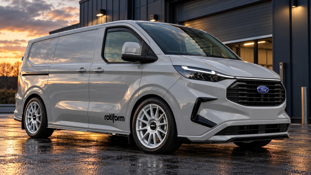 Grey Ford Transit Custom MK2 with silver Rotiform wheels outside a workshop at sunset