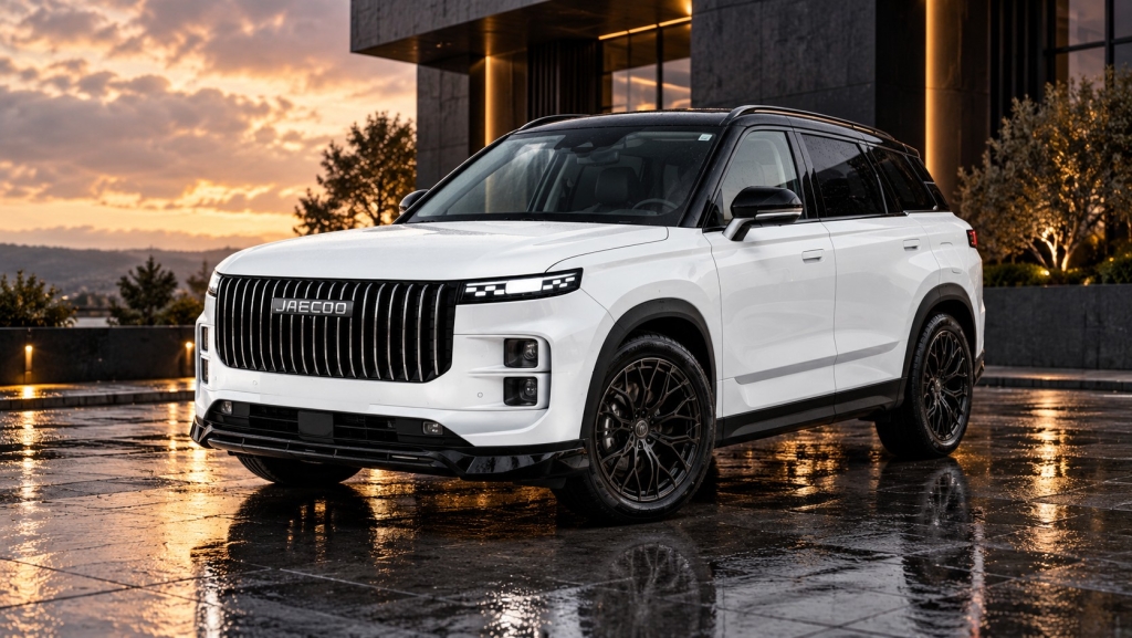 White Jaecoo J7 with gloss-black lower body styling outside a modern building